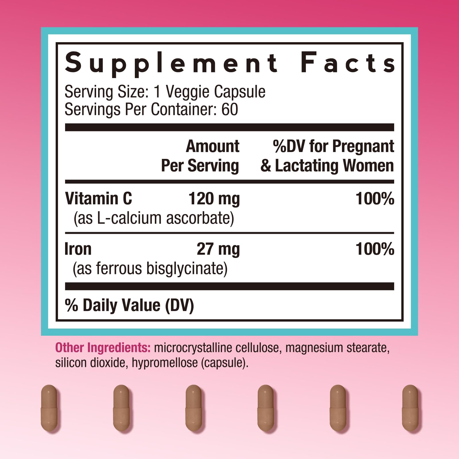 Package highlighting 27 mg elemental iron and 100% DV