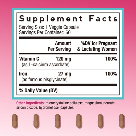 Package highlighting 27 mg elemental iron and 100% DV