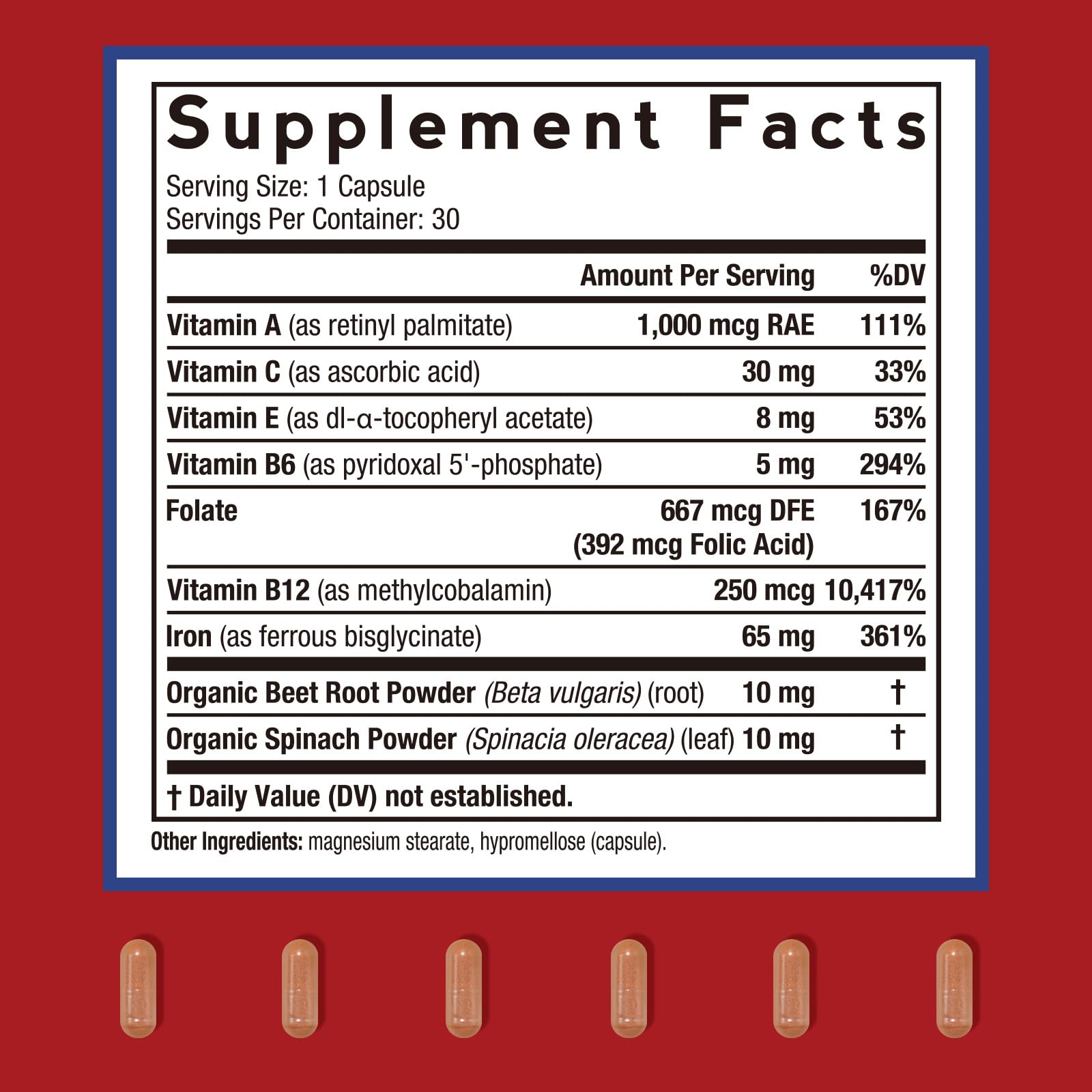 Label shows 65 mg iron per capsule