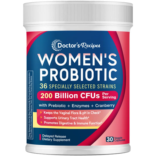 Bottle label: Doctor’s Recipes Probiotics for Women, 200B CFUs, 36 strains