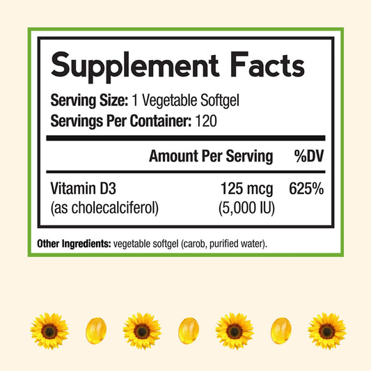Close-up of Vitamin D3 5000IU vegetarian softgels