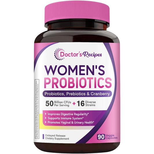 Bottle label showing Doctor's Recipes Women's Probiotic with 50B CFU and 16 strains