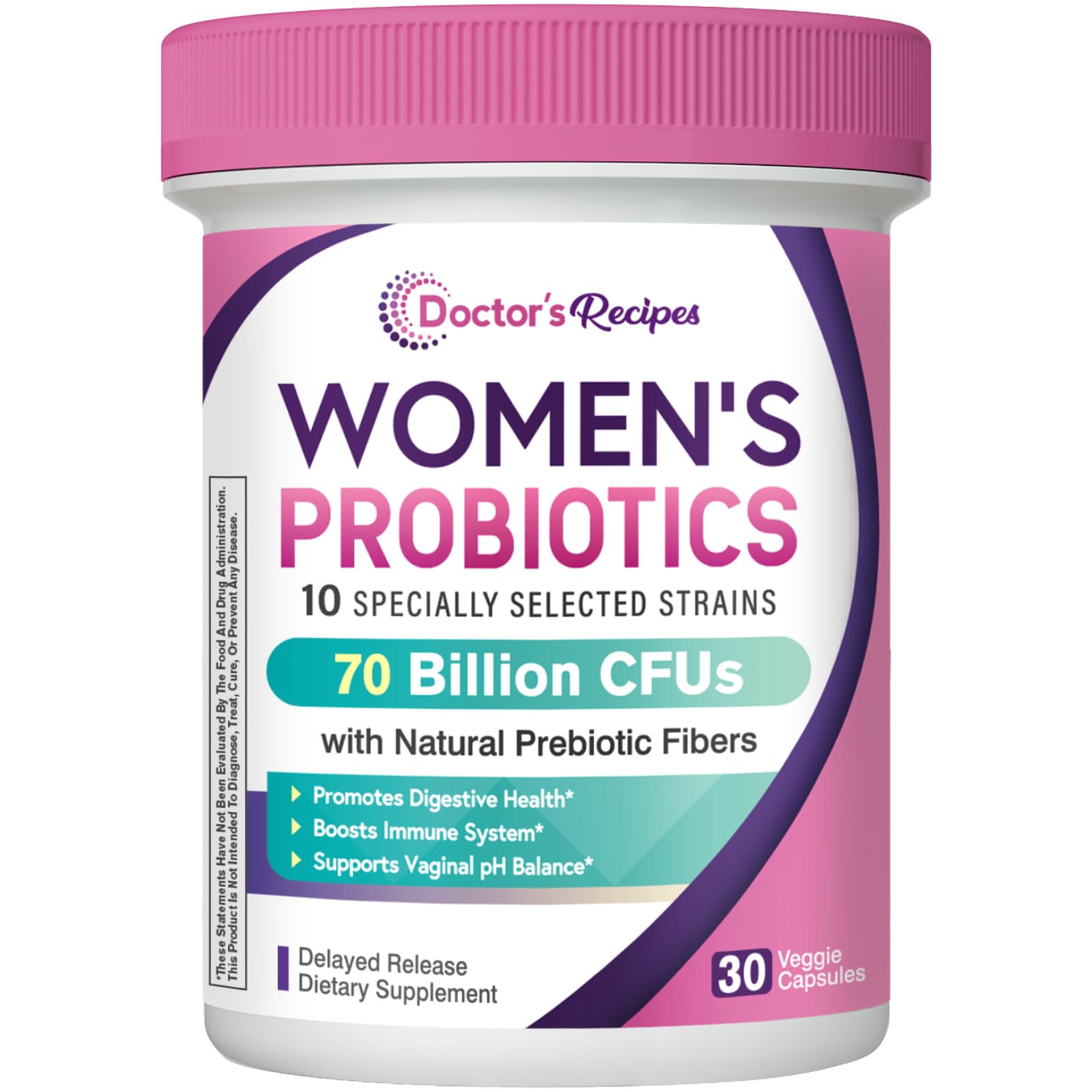 Doctor's Recipes Women's Probiotics bottle showing 70B CFU and 10 strains