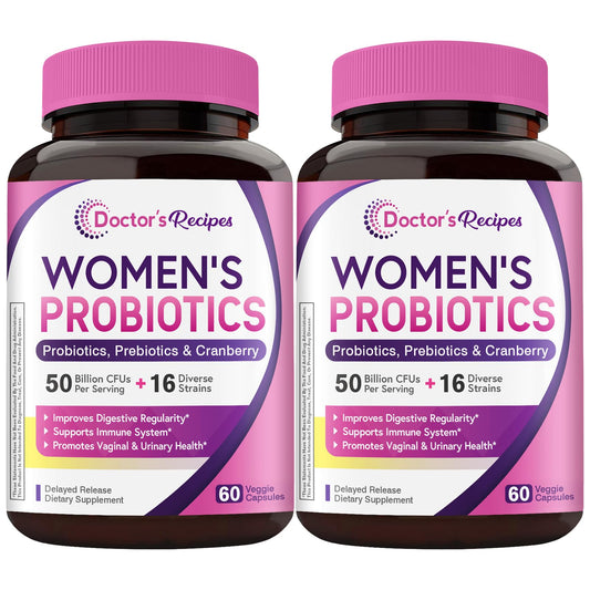 Front view of Doctor's Recipes Women's Probiotics bottle