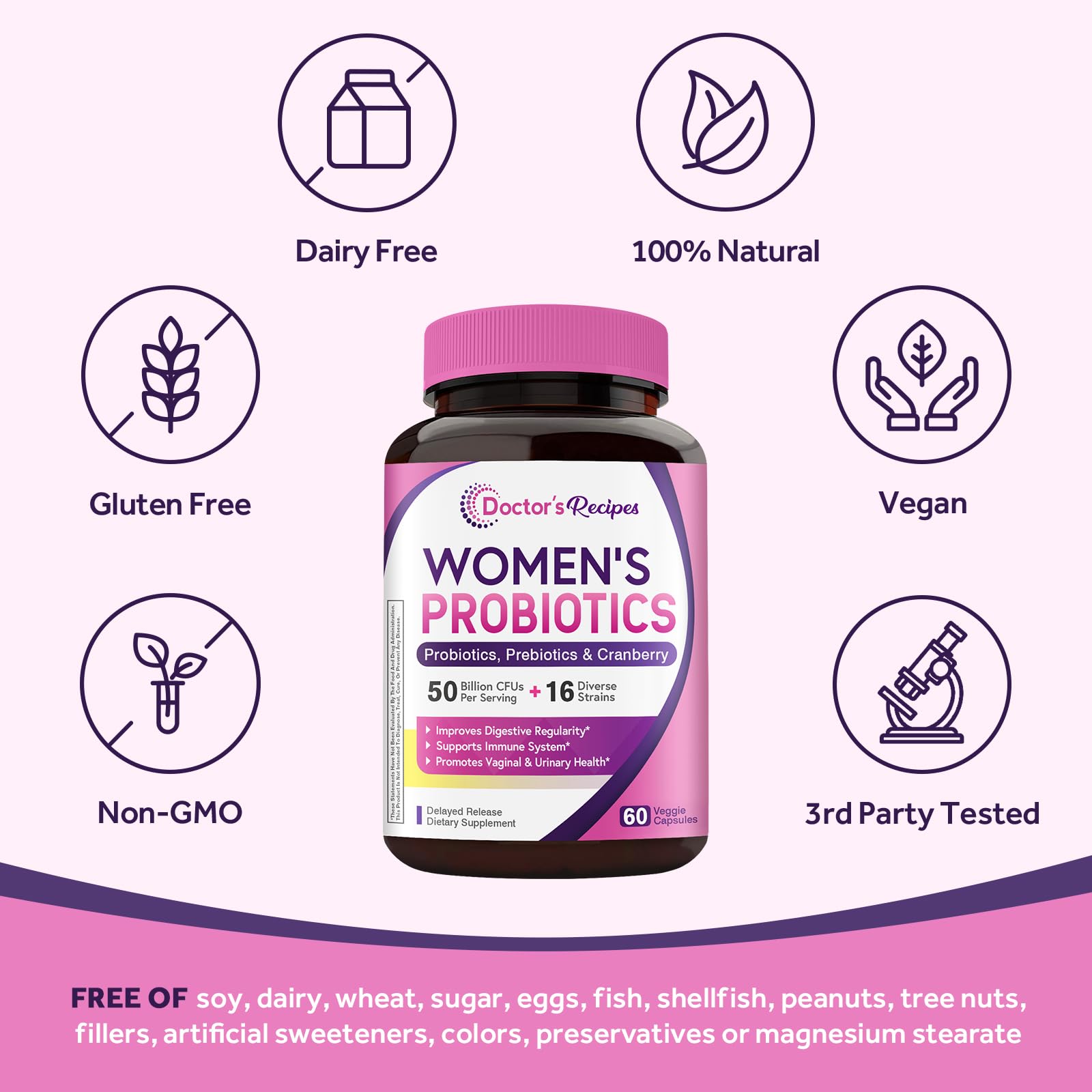 Cranberries and prebiotics near the bottle