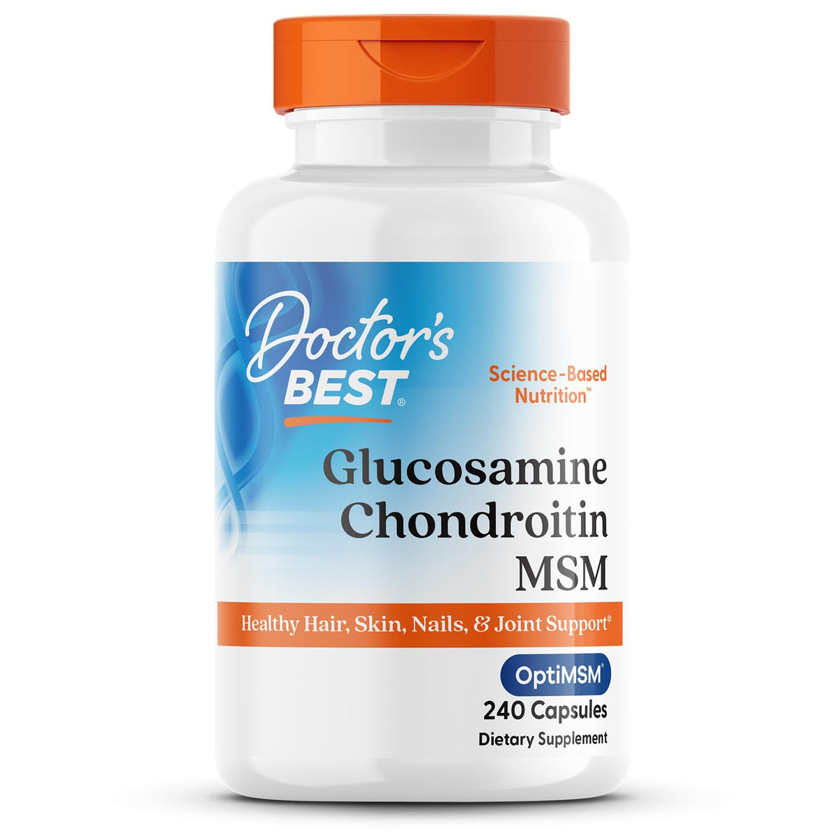 Front view of Doctor's Best Glucosamine Chondroitin MSM OptiMSM 240 Count bottle