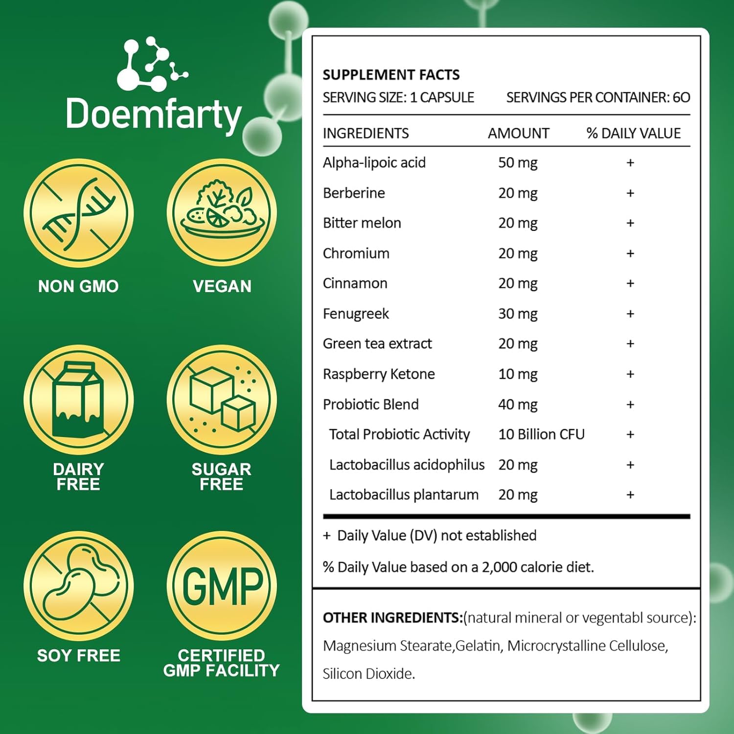 Back view showing supplement facts on Doemfarty GLP-1 Probiotic