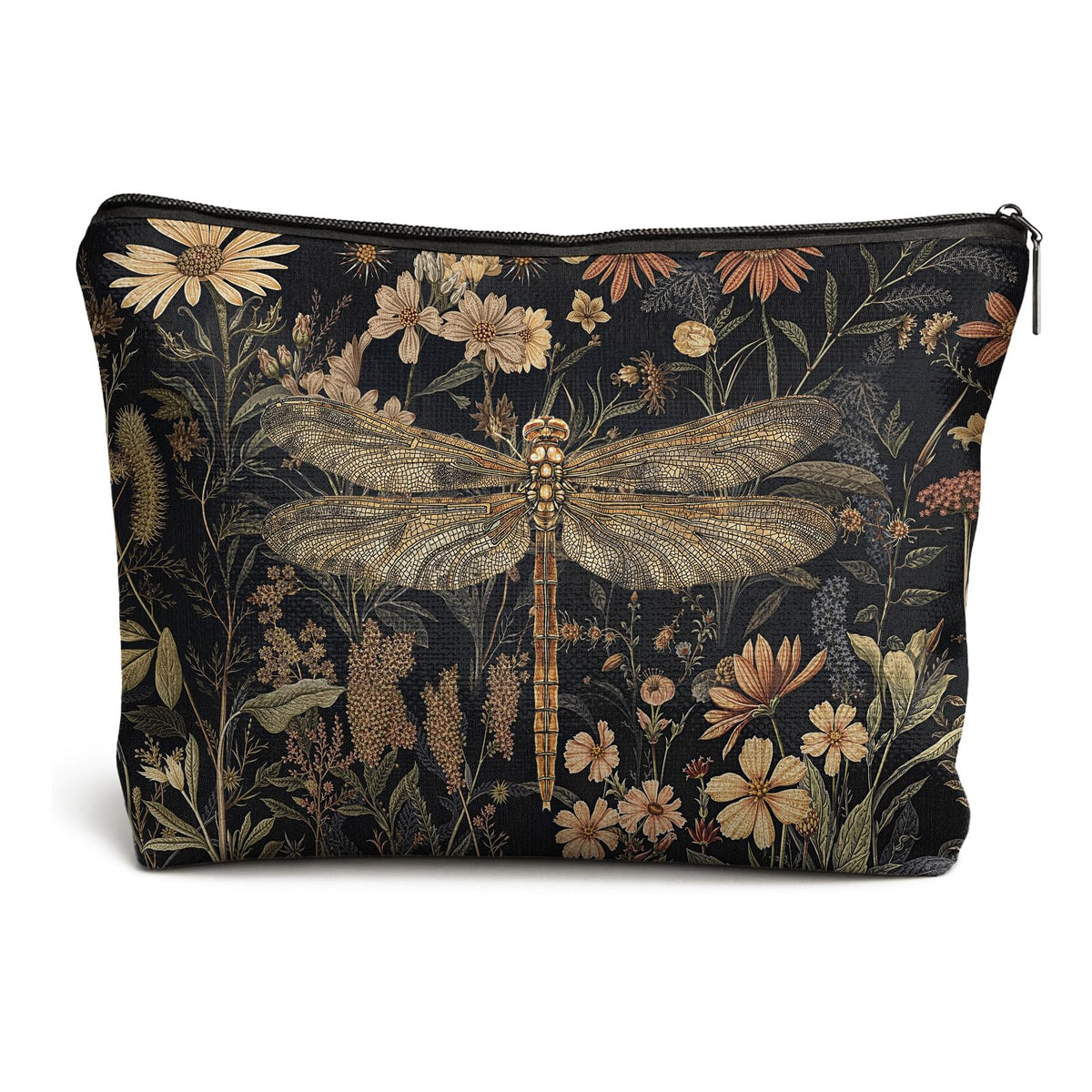 DOFQZ Moody Floral Dragonfly makeup bag front view for organized cosmetics on the go