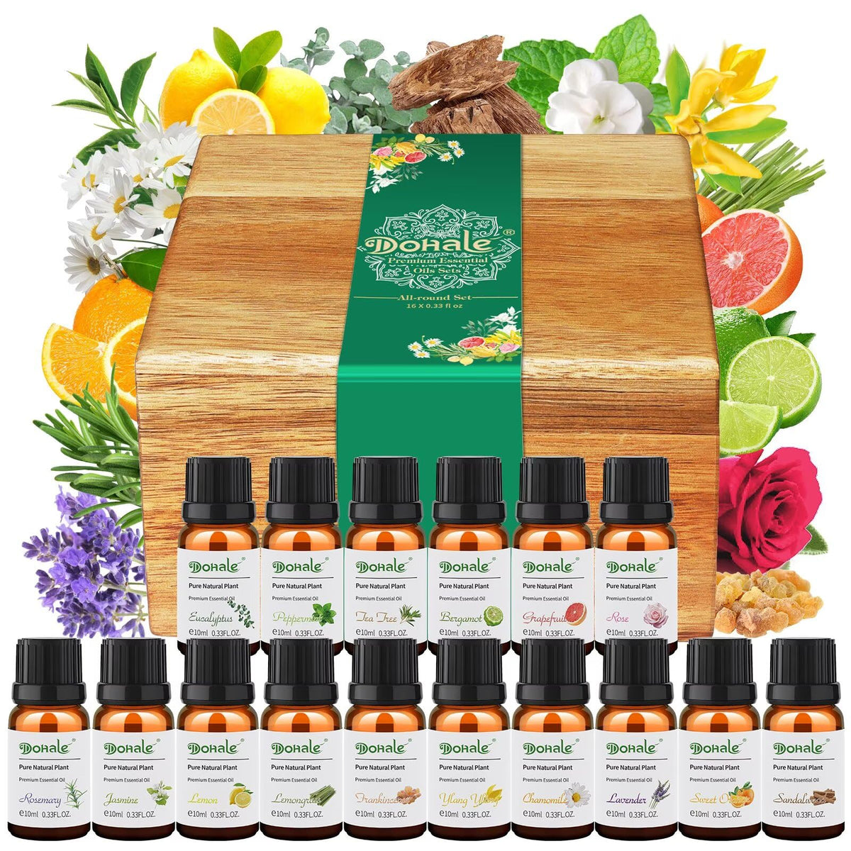 Dohale Essential Oils Set in Acacia Wood Gift Box - front view