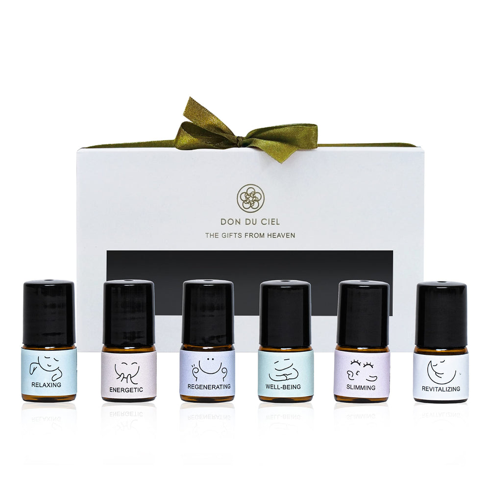 Don Du Ciel Orchid roll-on gift set white packaging, ideal for gifting.