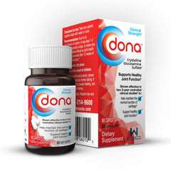DONA Crystalline Glucosamine Sulfate bottle closeup supporting joint health.