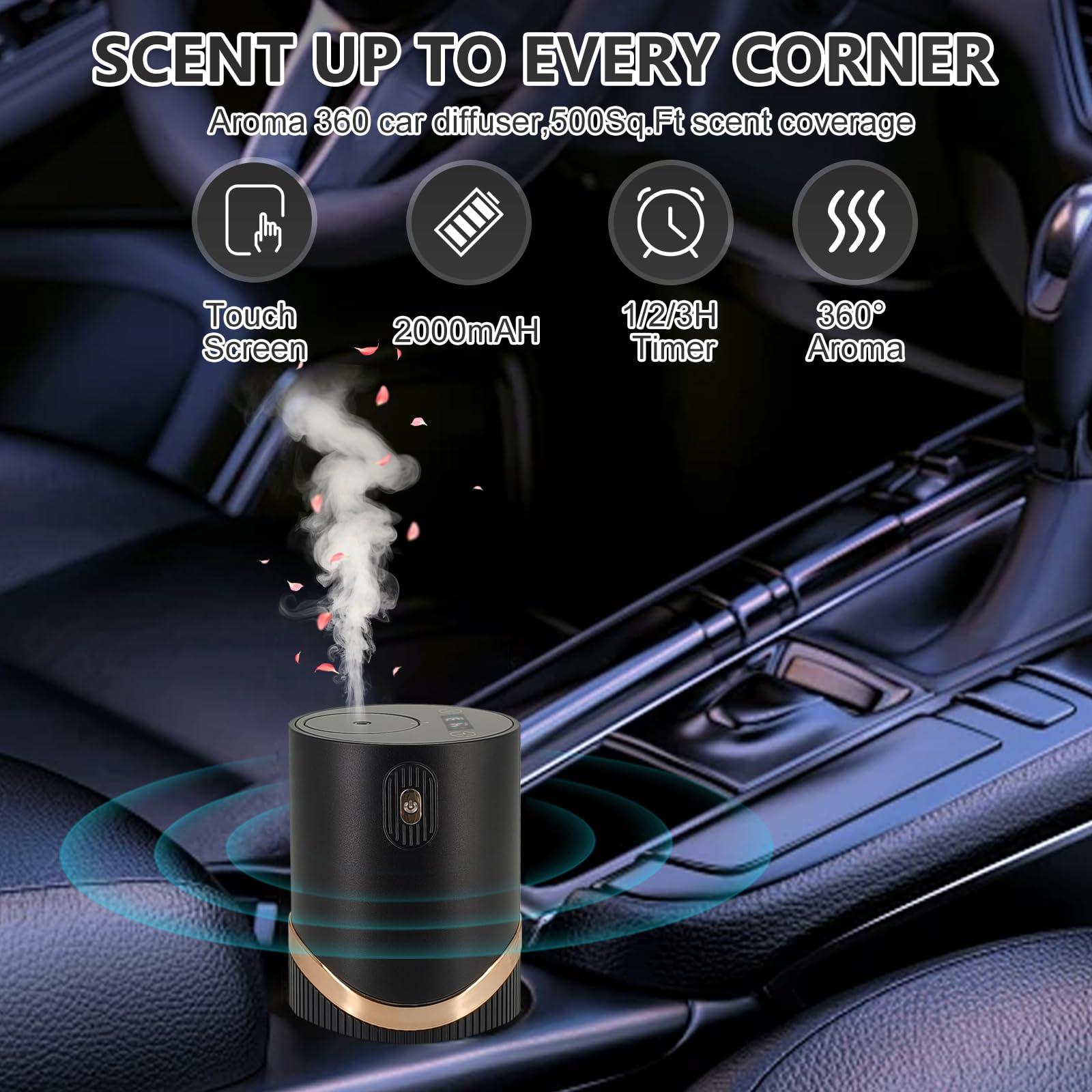 Dongzhen diffuser in car mode illustrating on-the-go aroma diffusion