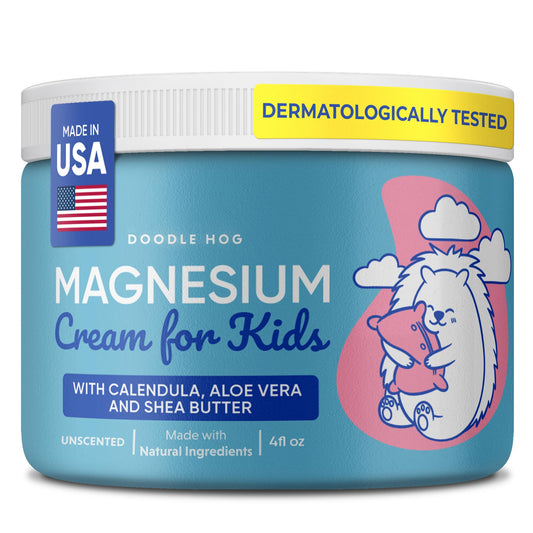 Front view of DOODLE HOG Magnesium Cream for Kids in a 4 oz unscented tub