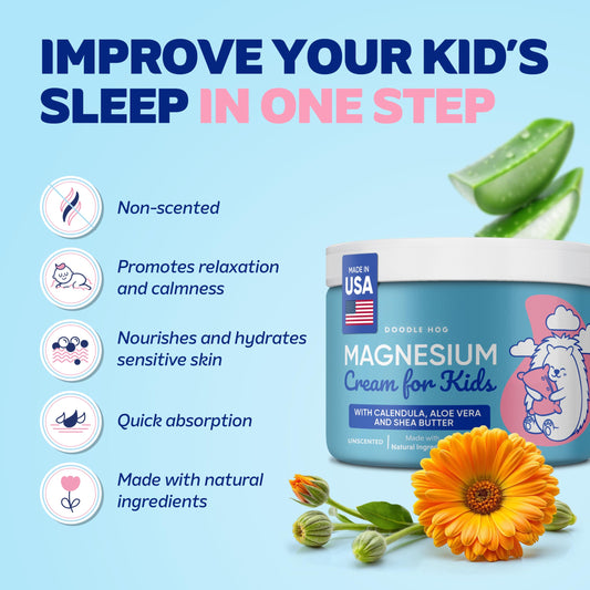 Close-up of unscented magnesium cream being applied to kids' skin
