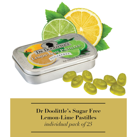 Soft fruit pastilles spilling from lemon lime tin