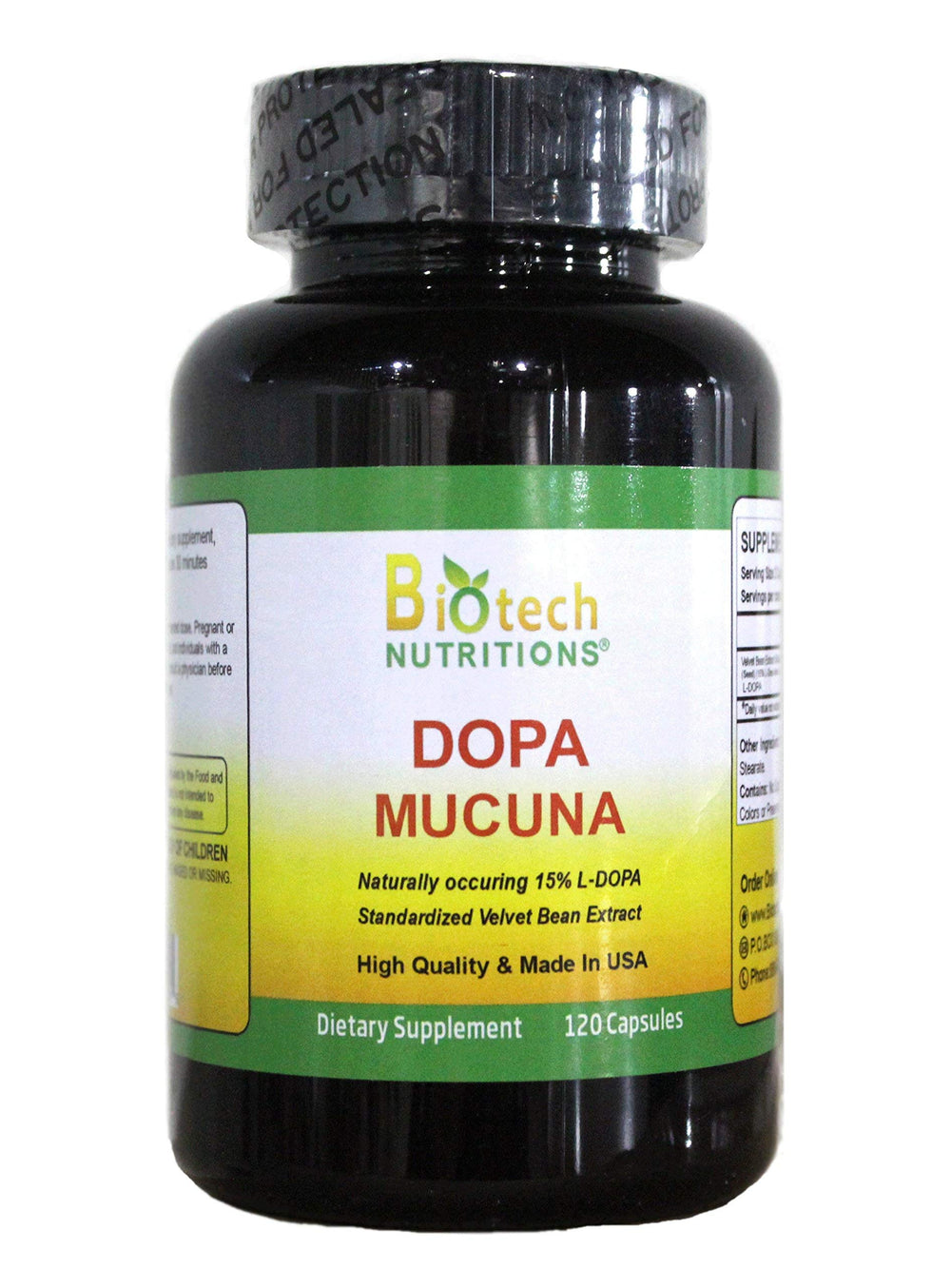 Biotech Nutrition Dopa Mucuna 15% L-Dopa (Mucuna pruriens) 120 Vege Capsules package
