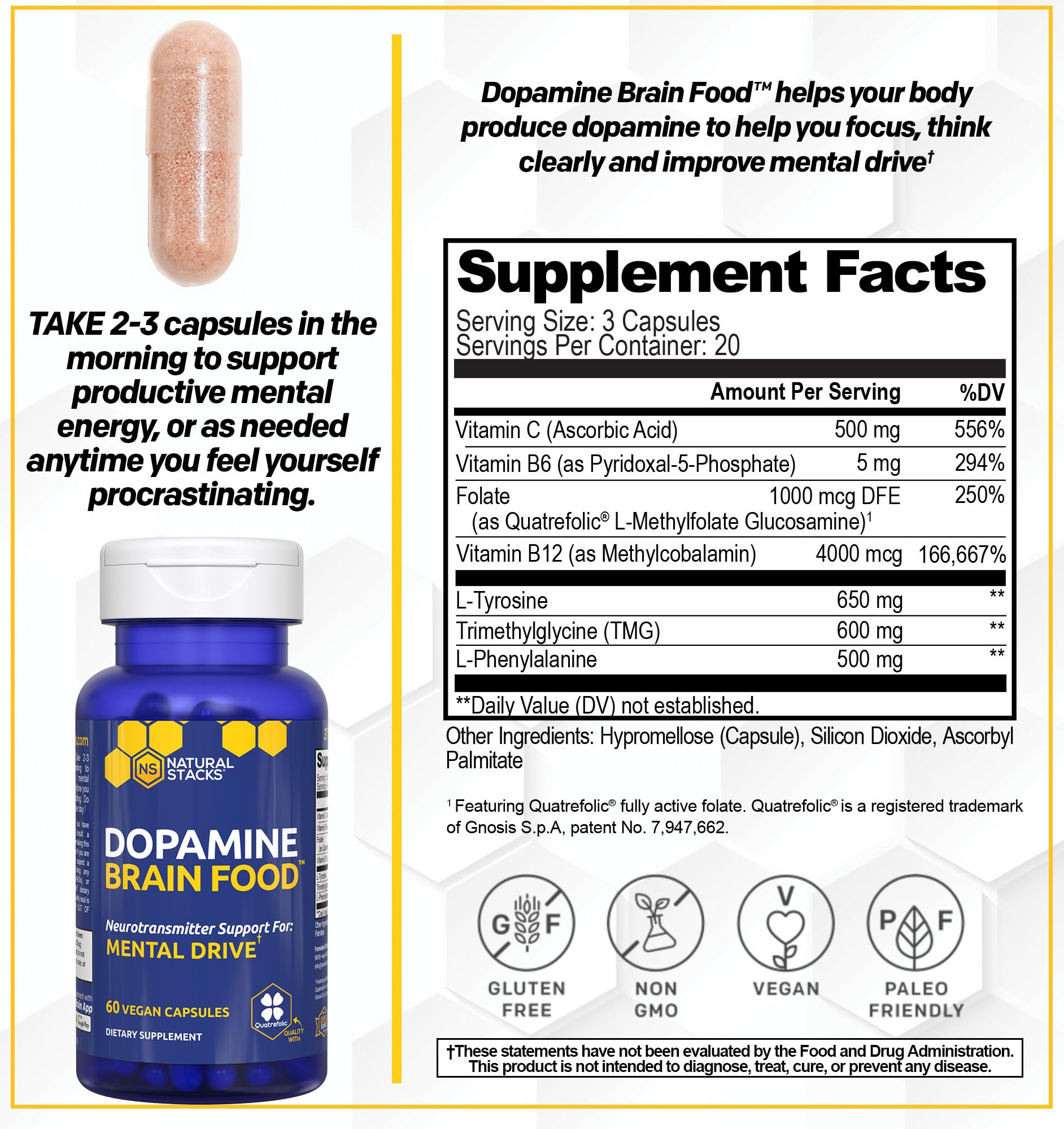 60 capsules inside the bottle on white background