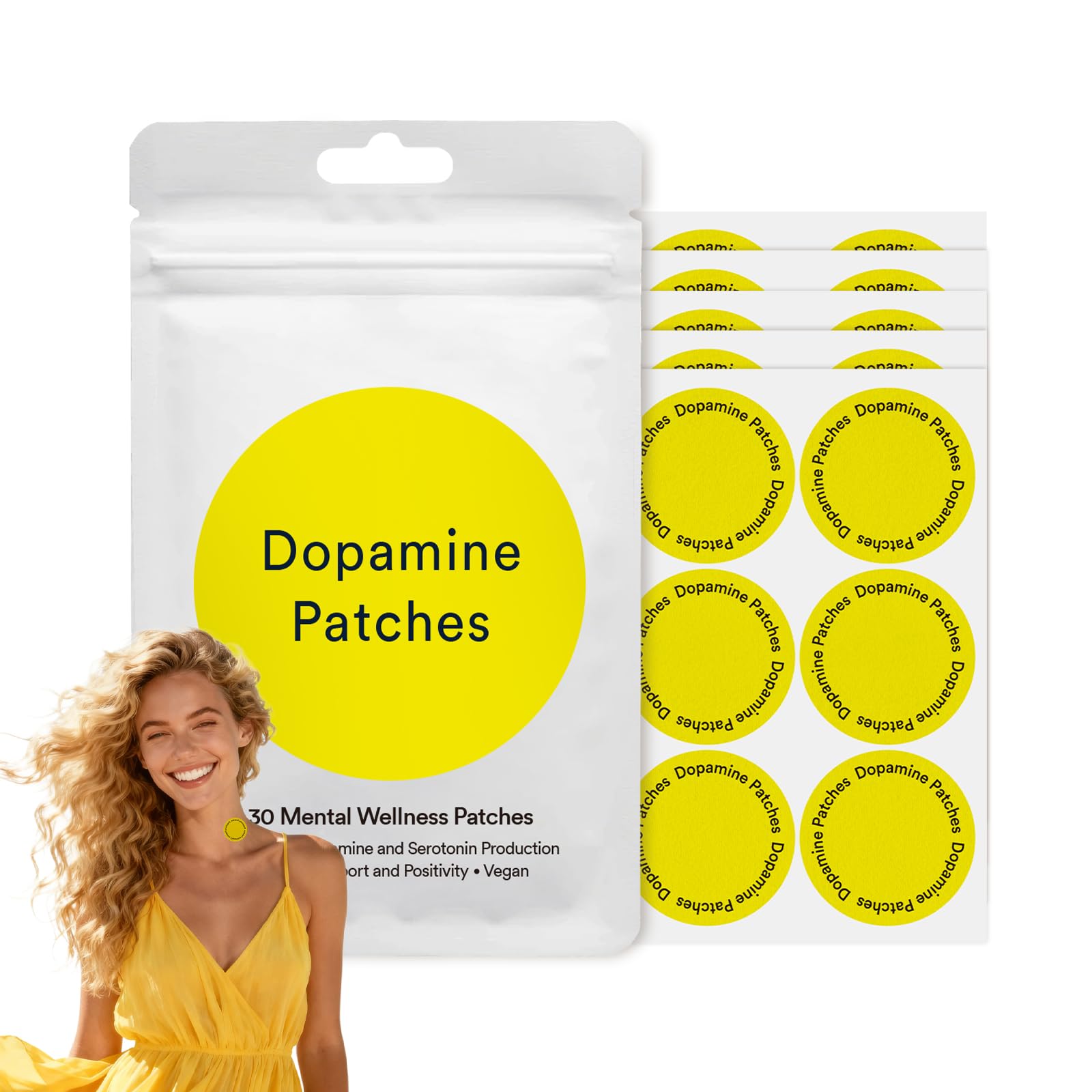 Dopamine Patches packaging and blister pack on a clean backdrop