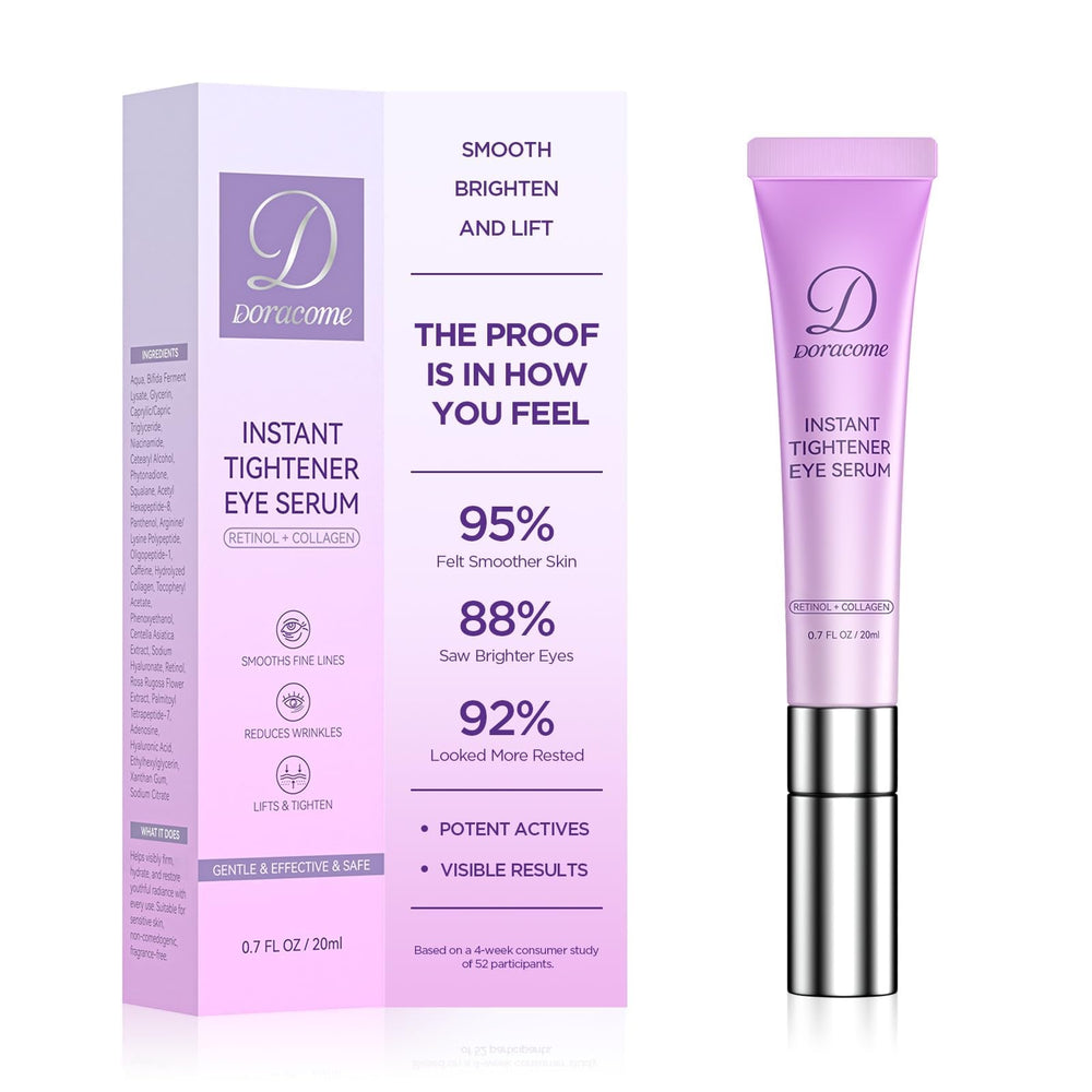 Doracome caffeine retinol eye serum tube, aiding smoother under-eye skin and brighter appearance.