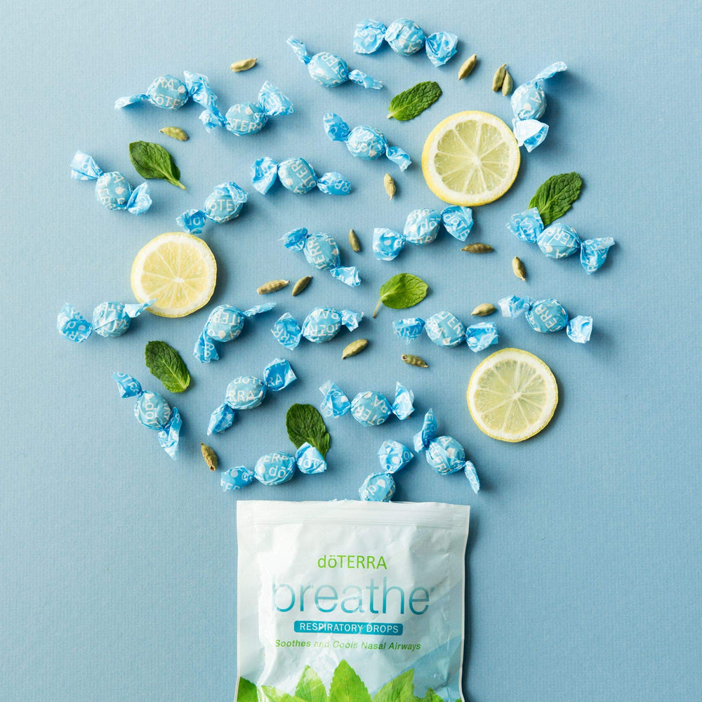 Close-up of doTERRA Breathe Respiratory Drops bottle label