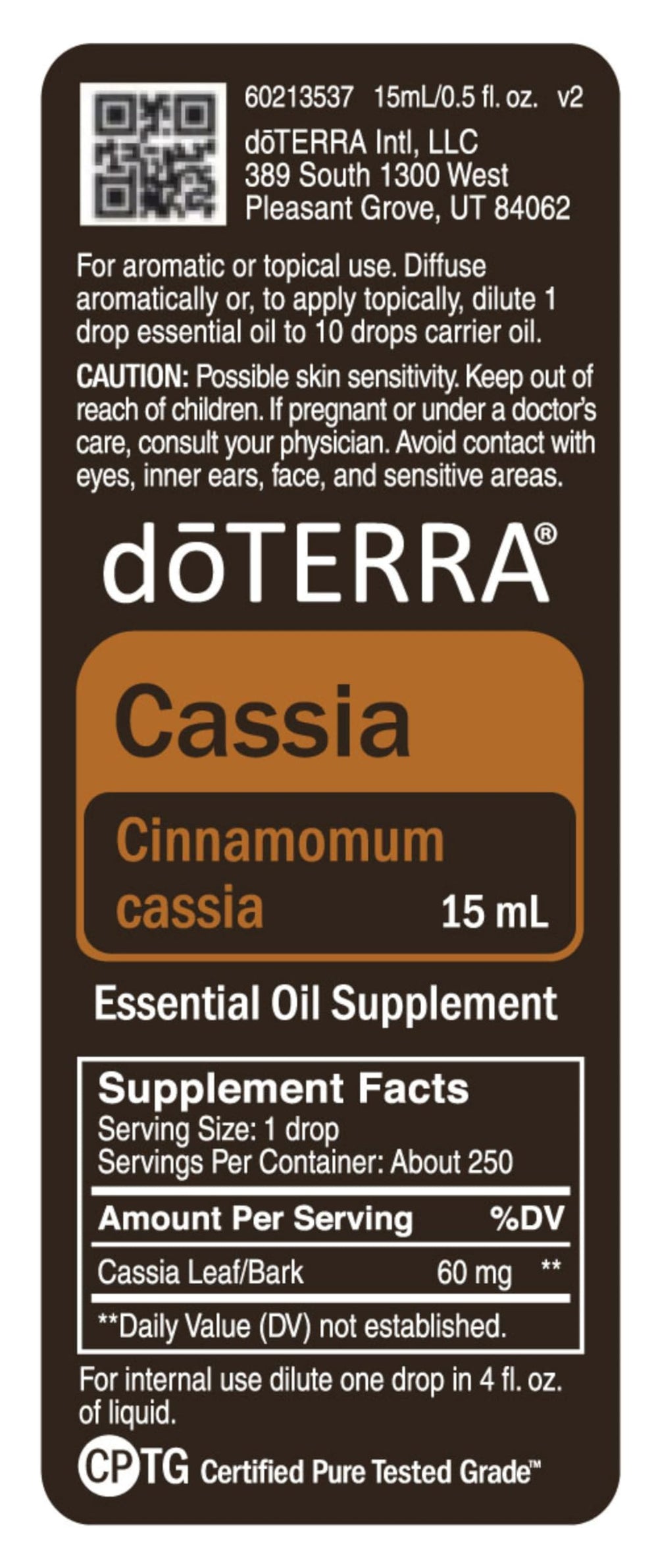 DoTERRA Cassia-label-closeup highlights dilution guidance for safe skin use.
