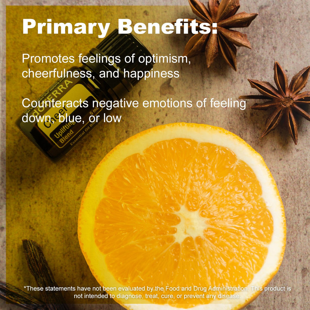 Close-up of doTERRA Cheer 5 mL bottle label