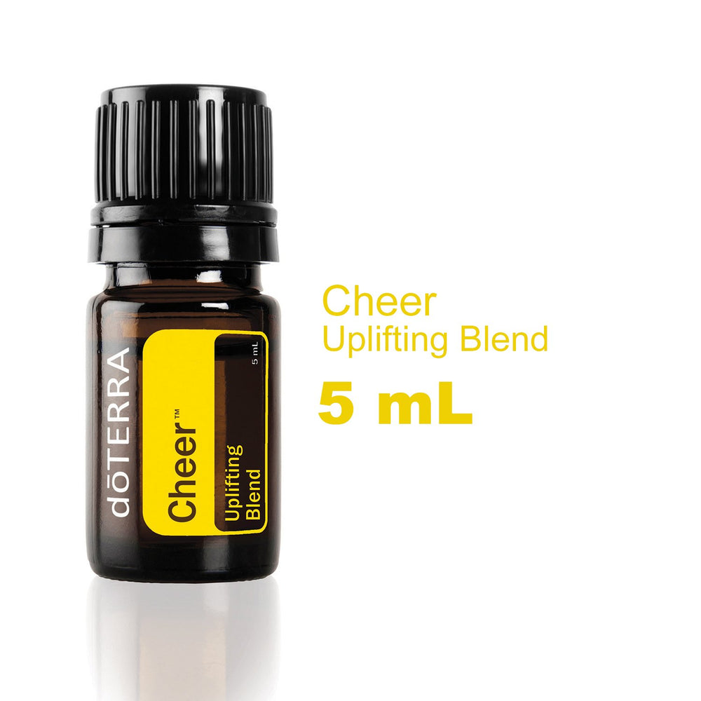 Close-up of doTERRA Cheer Uplifting Blend 5 mL bottle label