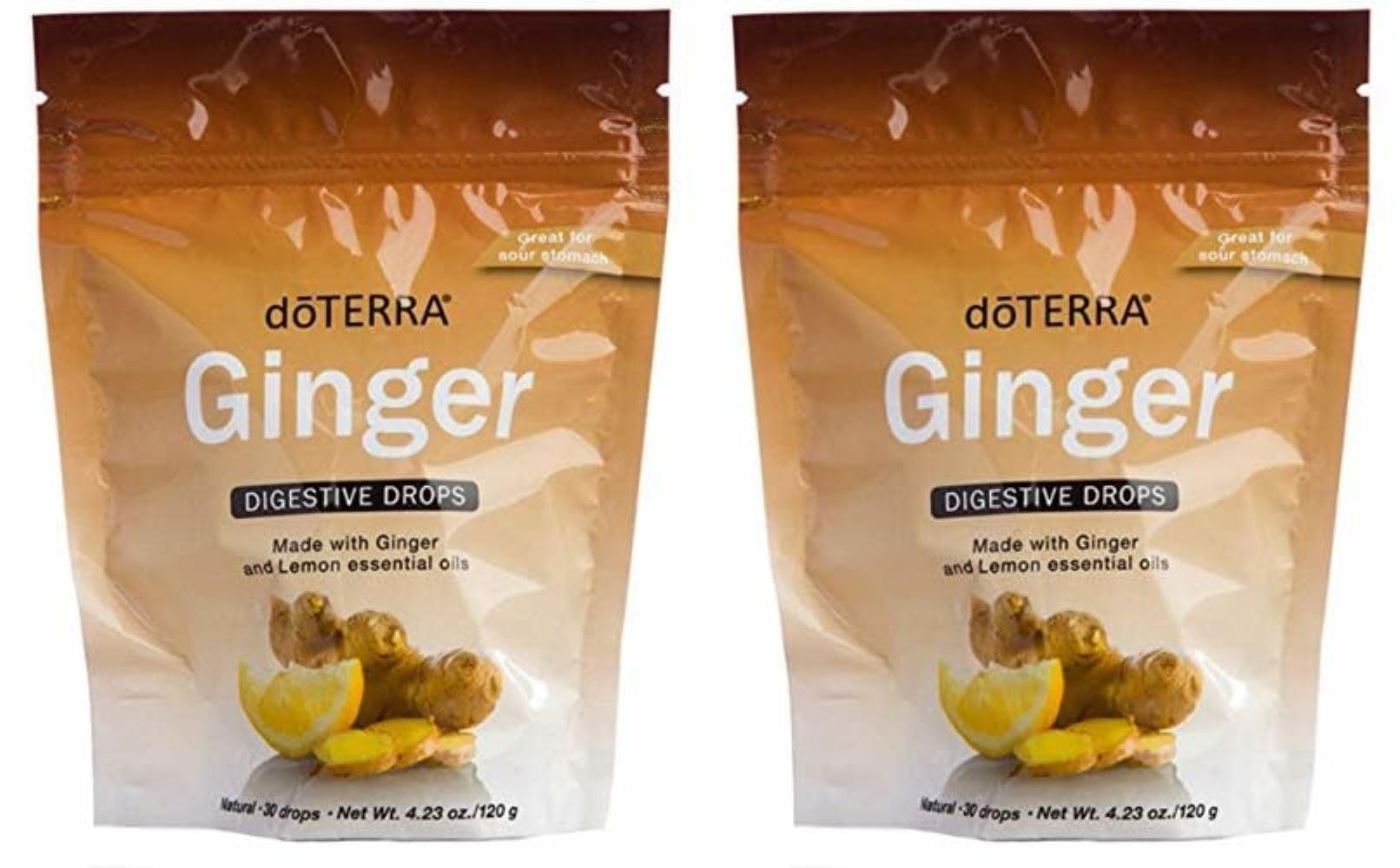 doTERRA Ginger Throat Drops 30-count bag front view for on-the-go digestive support.