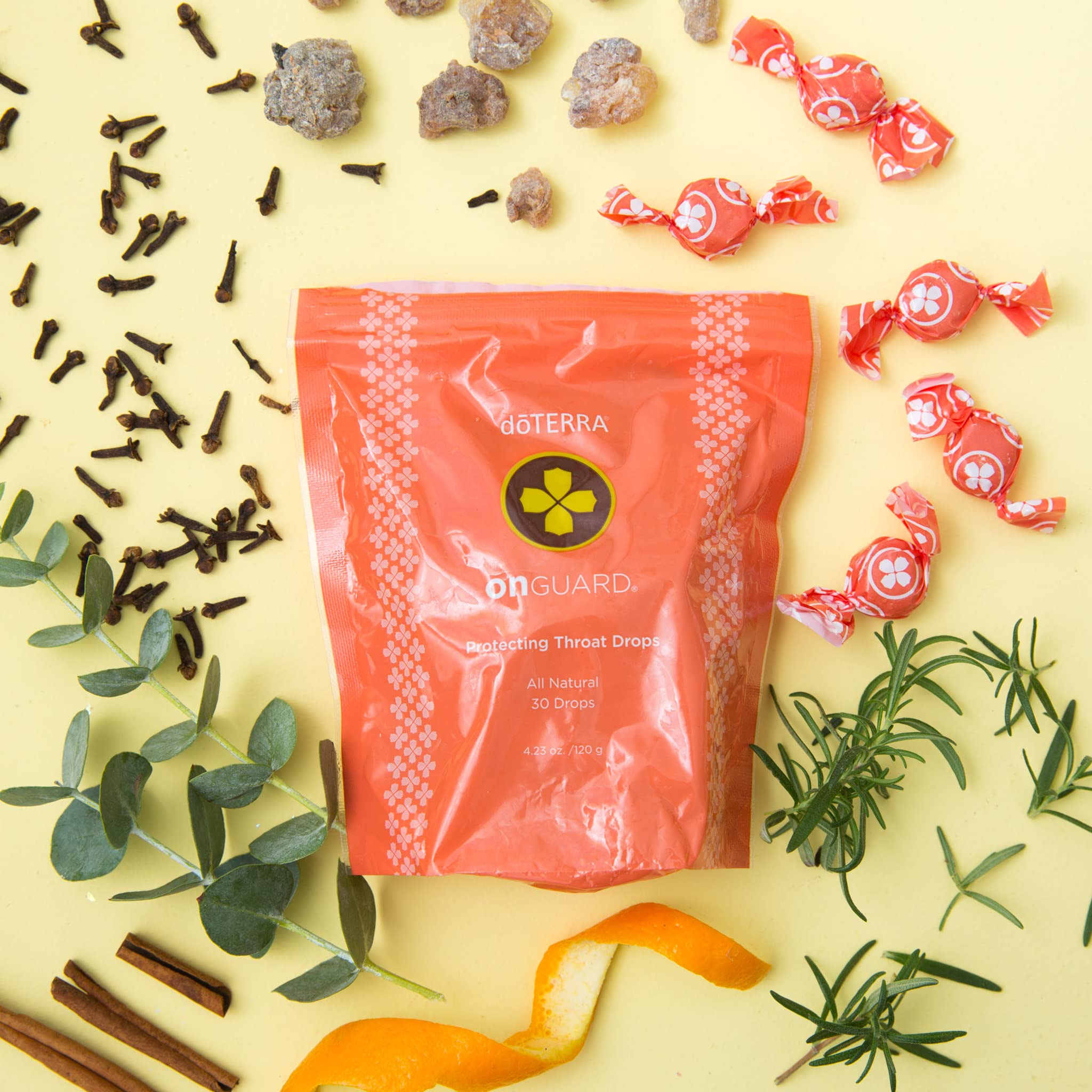 Product shot of doTERRA On Guard Protecting Throat Drops with branding