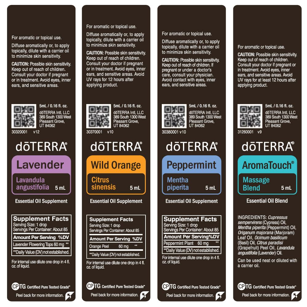 Portable Travel Kit with four 5ml doTERRA bottles and AromaTouch blend in a compact case