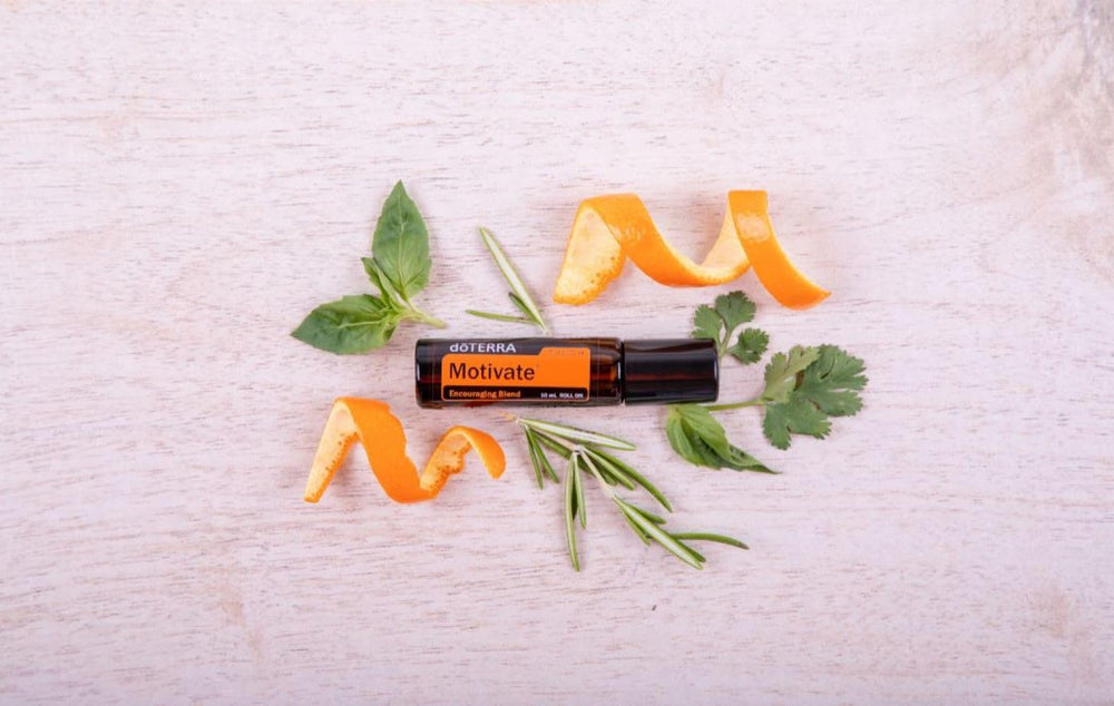 Close-up of Motivate Touch label on roller bottle