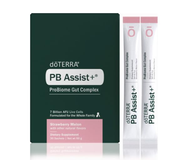 Front view of doTERRA PB Assist+ ProBiome Gut Complex Strawberry Melon 30 Sachets packaging