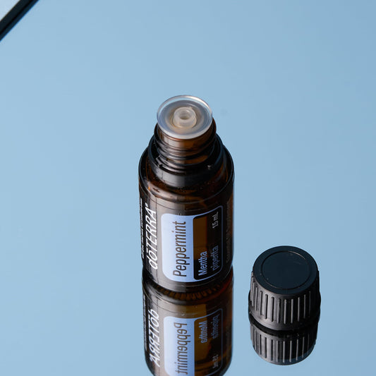 Close-up of peppermint essential oil bottle cap