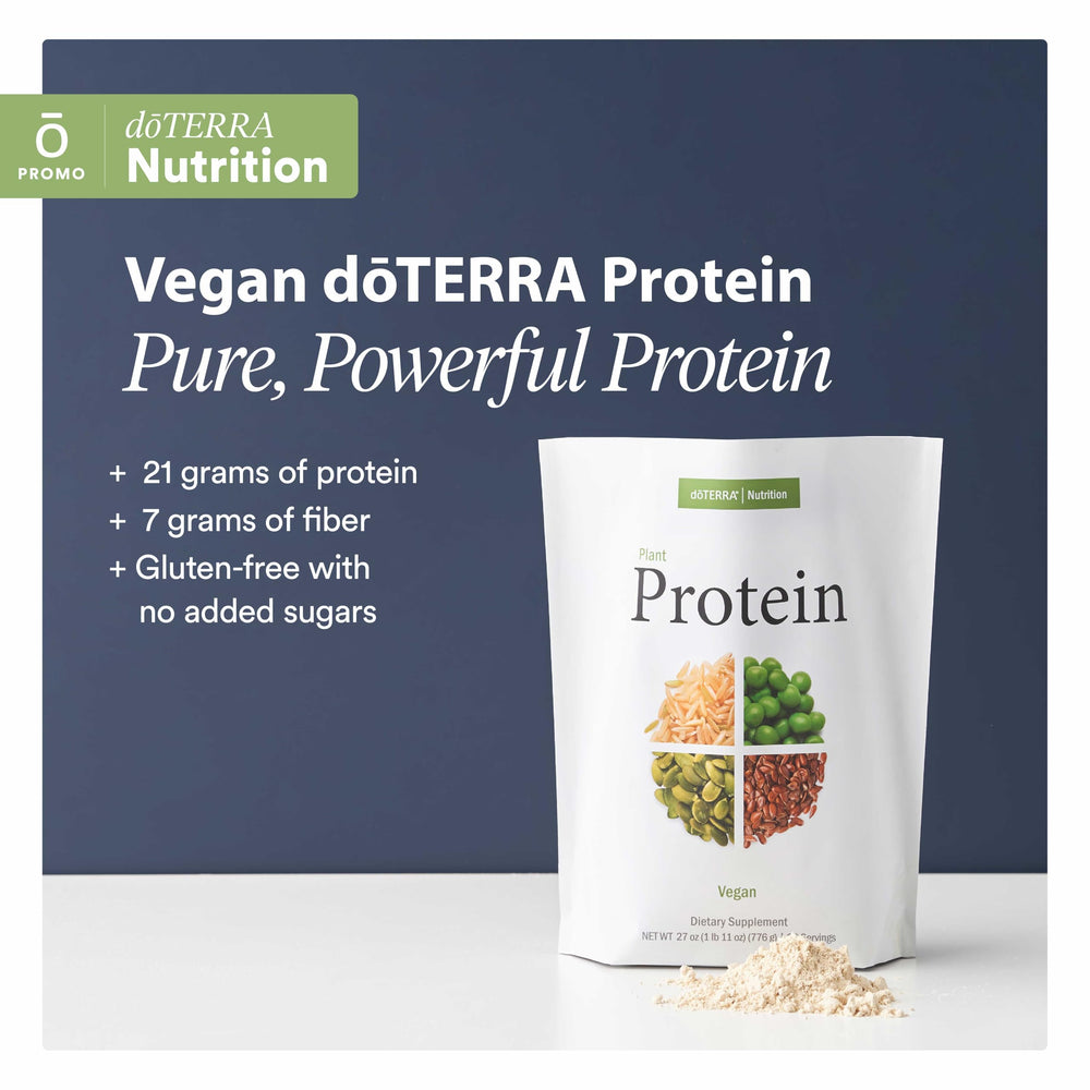 doTERRA Vegan Protein powder ingredients featuring pea, brown rice, pumpkin seed, sacha inchi, and flax seed