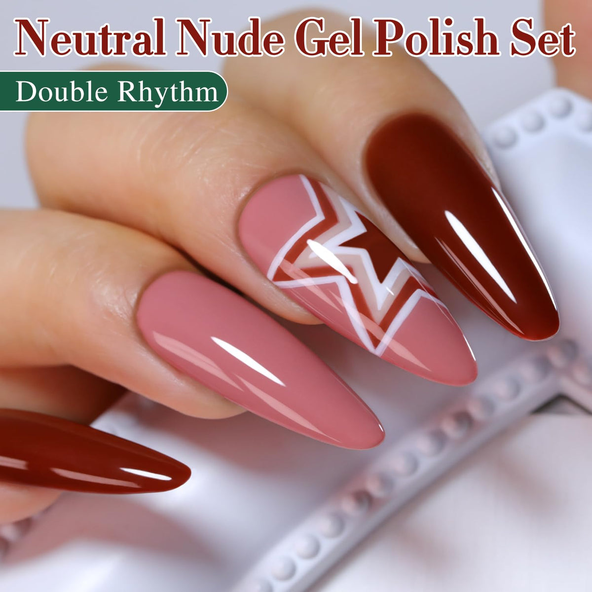 Double Rhythm dark nude gel polish bottle with rich coverage for sleek nails.