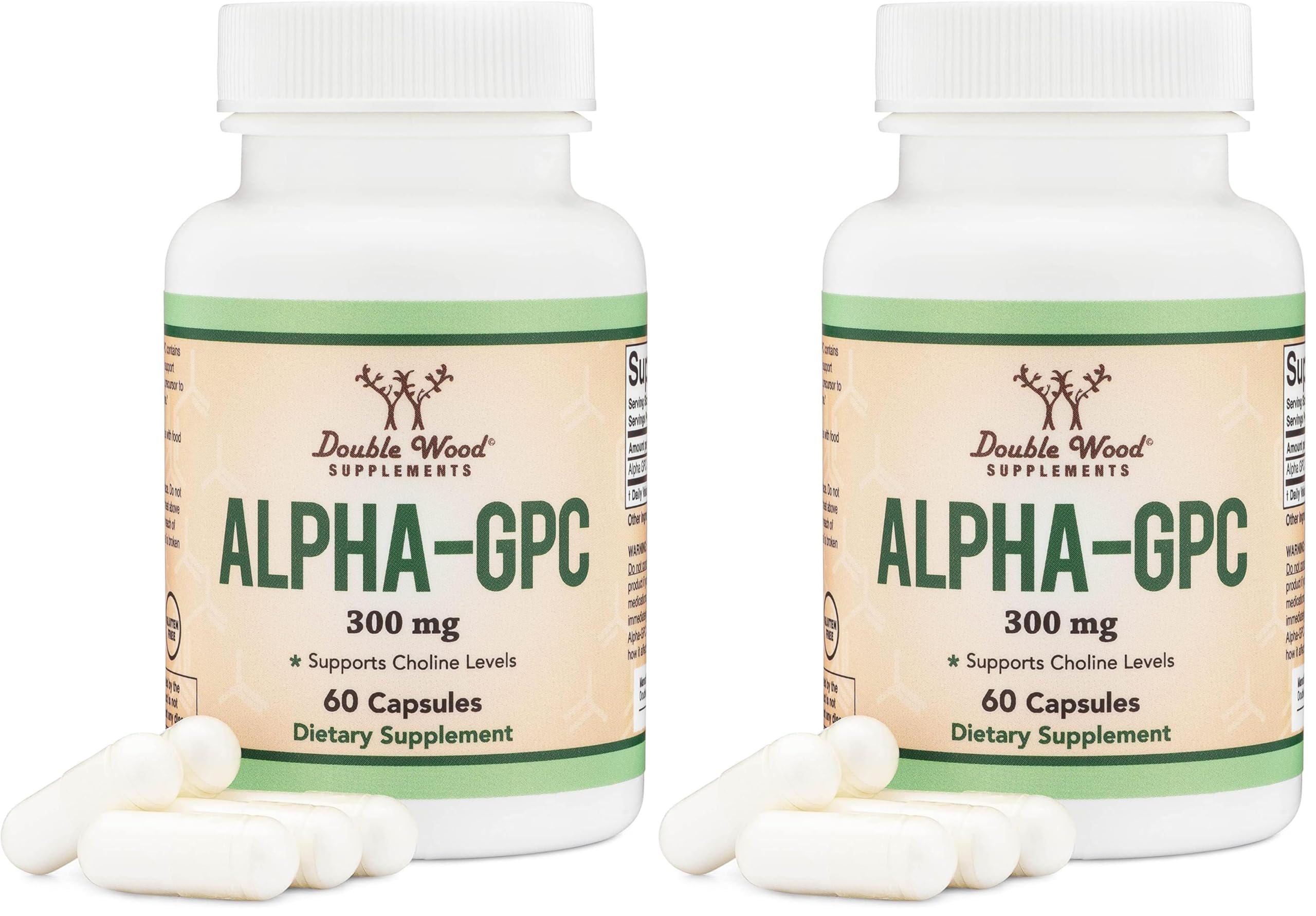 Double Wood Alpha GPC bottle on shelf for easy brain health support.