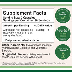 Close-up of the Astragalus 500mg per capsule on label