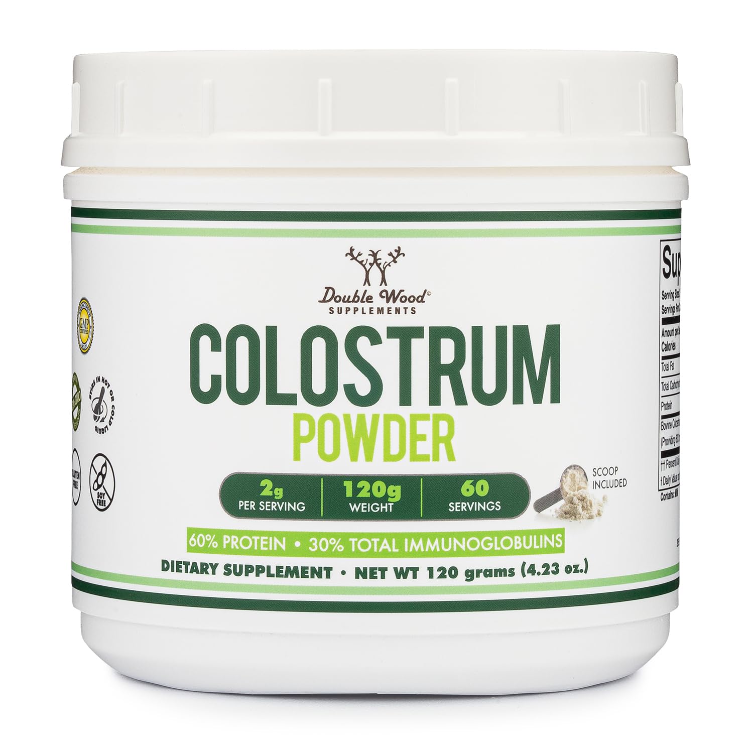 Front view of Double Wood Colostrum Powder 120g bottle