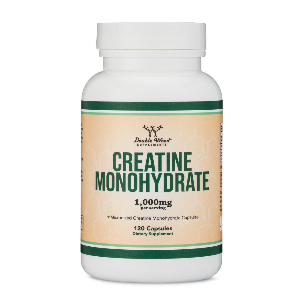 Back of Double Wood Creatine Monohydrate bottle with certifications