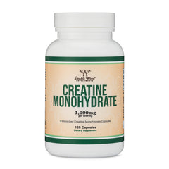 Back of Double Wood Creatine Monohydrate bottle with certifications