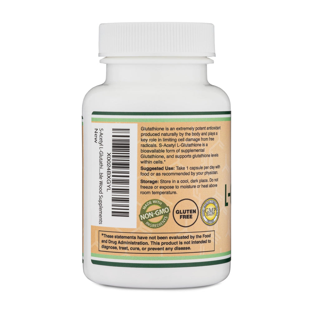 Double Wood S-Acetyl L-Glutathione Non-GMO Gluten-Free product label