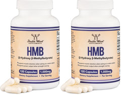 Front view of Double Wood HMB supplement pack with 120 capsules