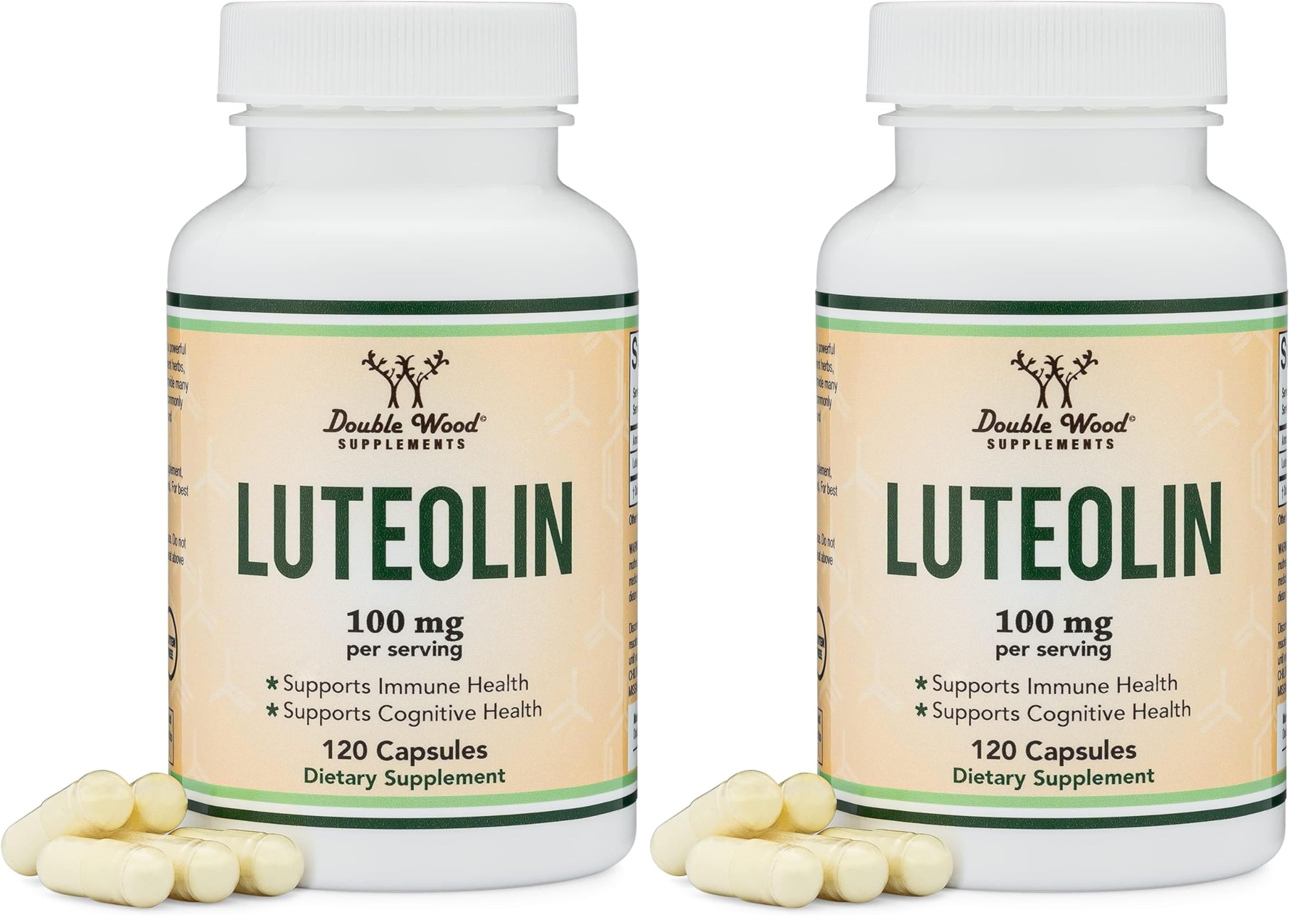 Front view of Double Wood Luteolin 100mg 2-pack bottles