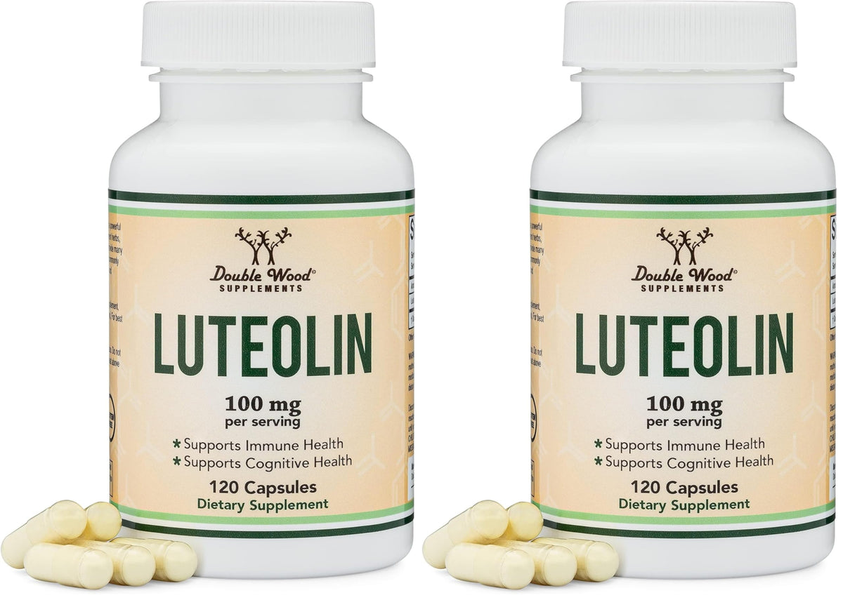 Front view of Double Wood Luteolin 100mg 2-pack bottles