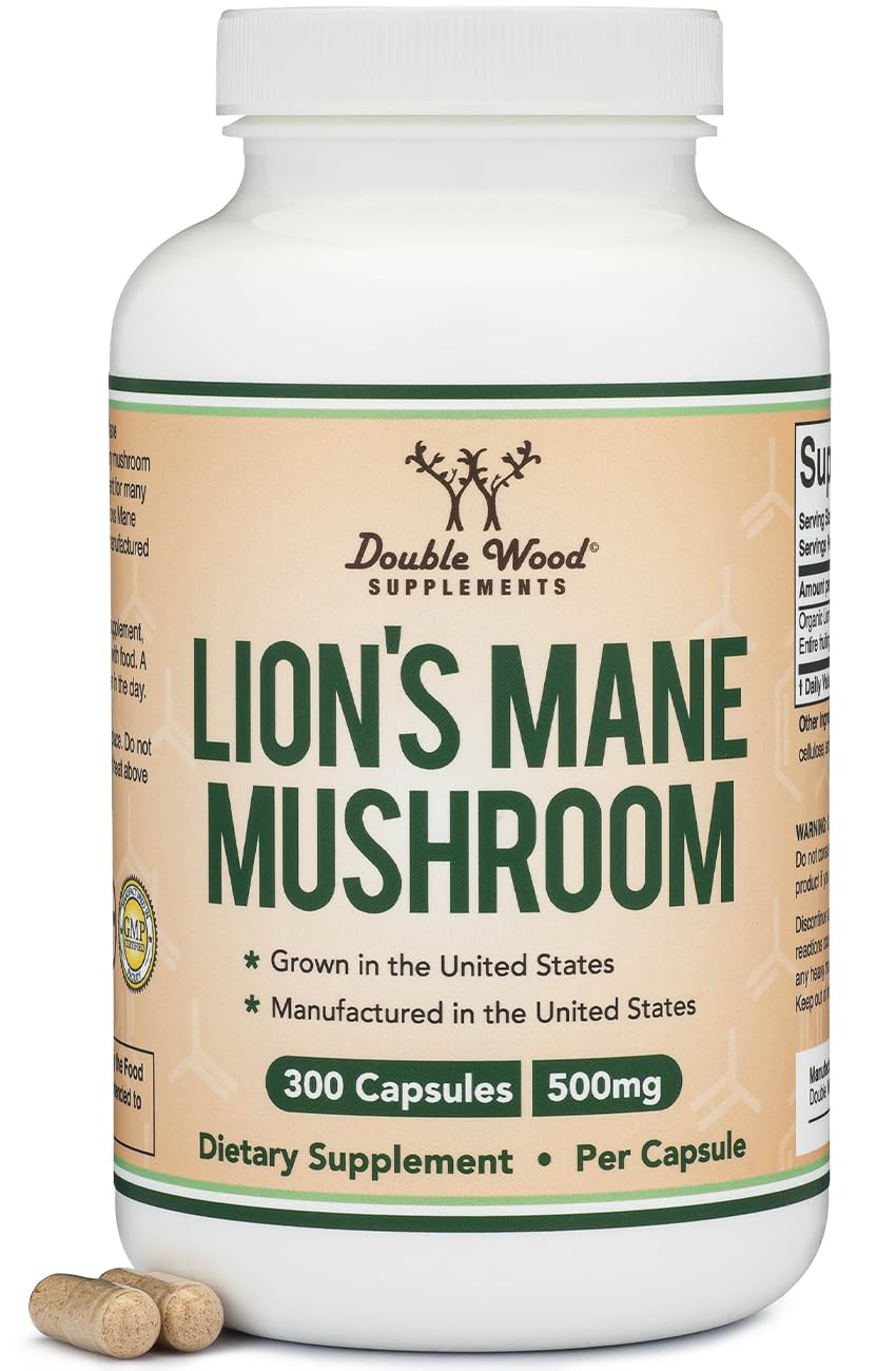 Double Wood Organic Lions Mane capsules bottle ready for daily brain support