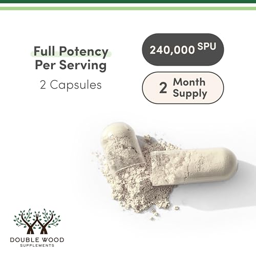 Close-up of Double Wood Serrapeptase capsules, two-capsule serving per dose