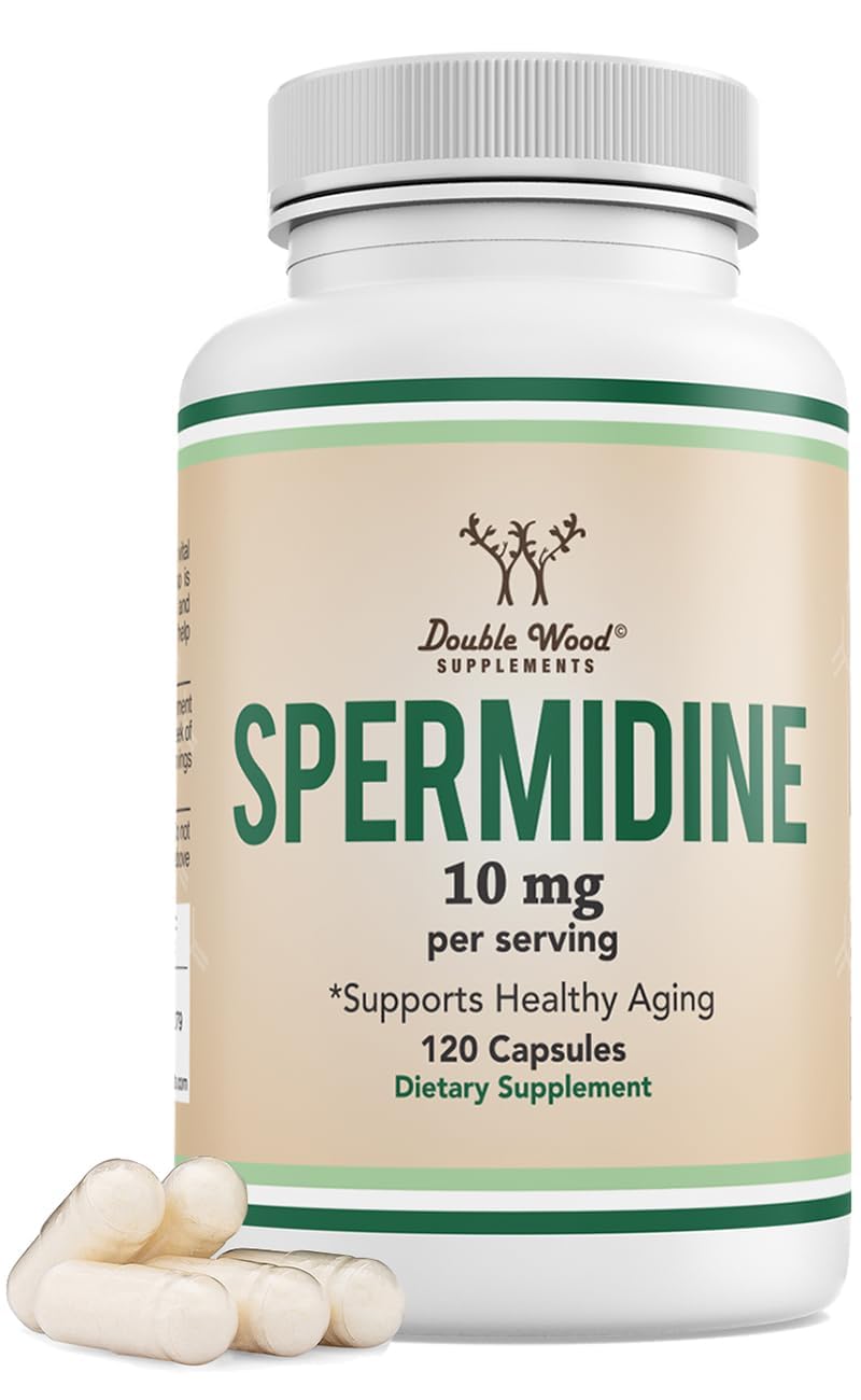 Double Wood Spermidine bottle label highlights 10 mg potency for potential cellular support.