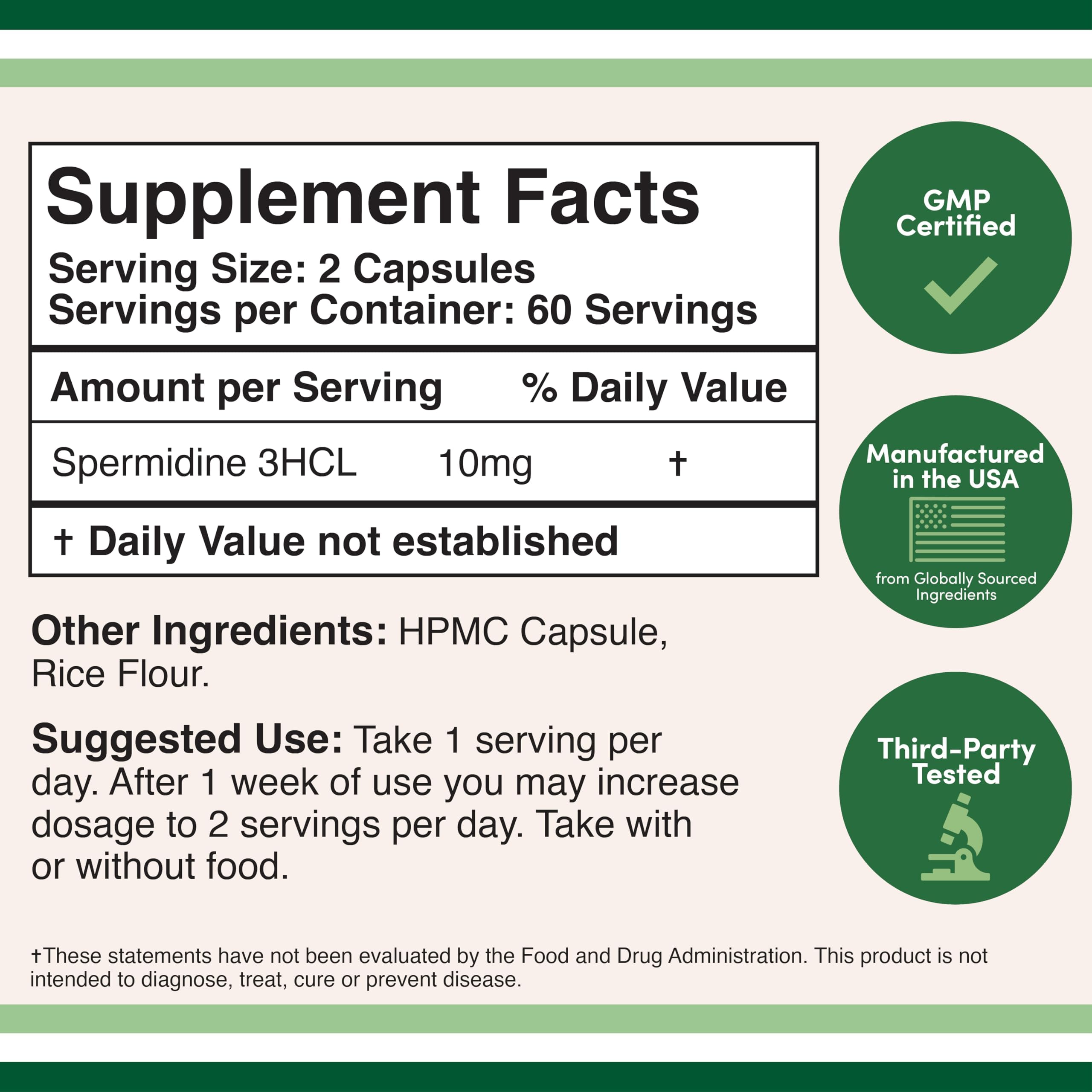 Double Wood Spermidine capsules closeup shows high-purity 99% spermidine tri-hydrochloride.