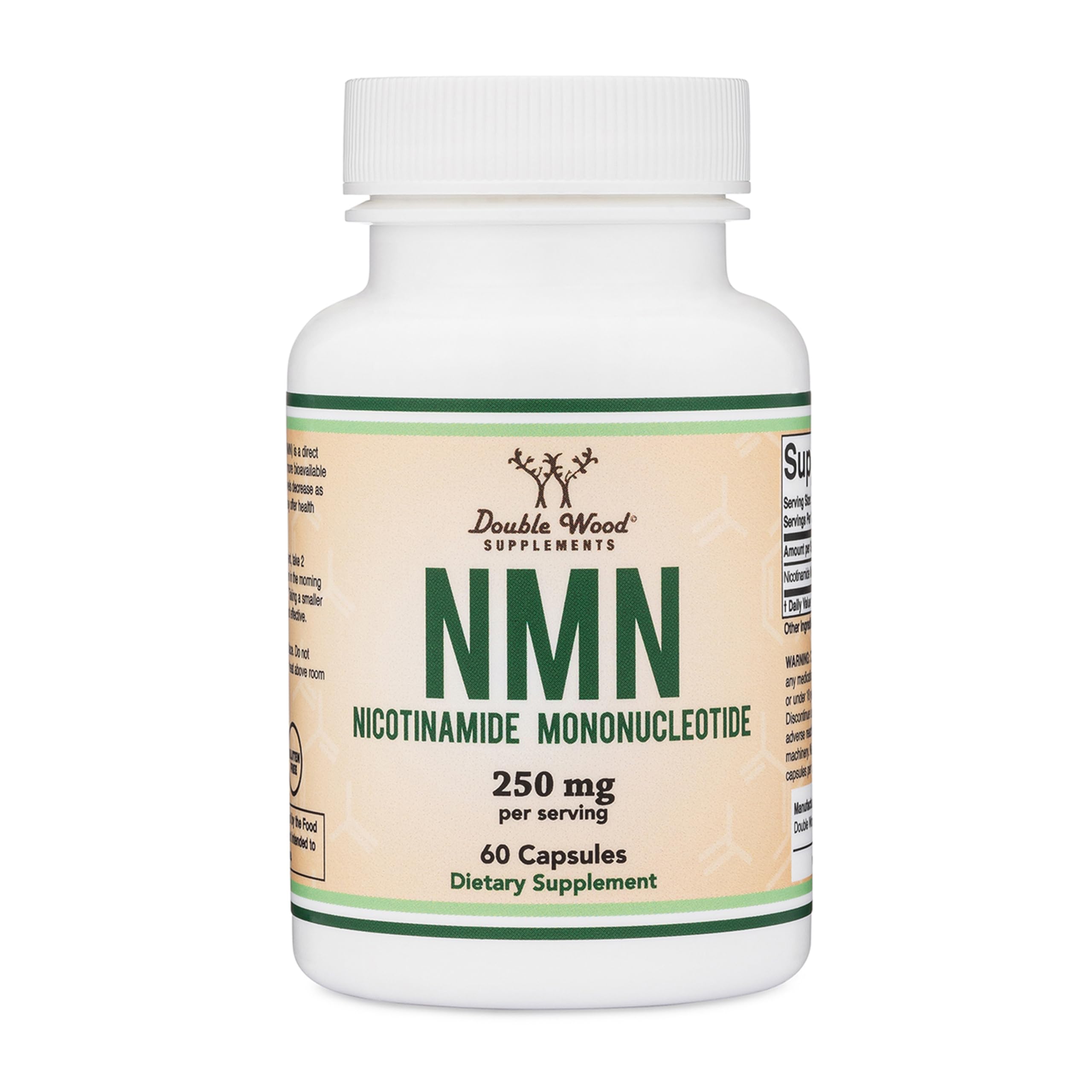 Double Wood NMN 250mg bottle with dosage label for daily energy support.