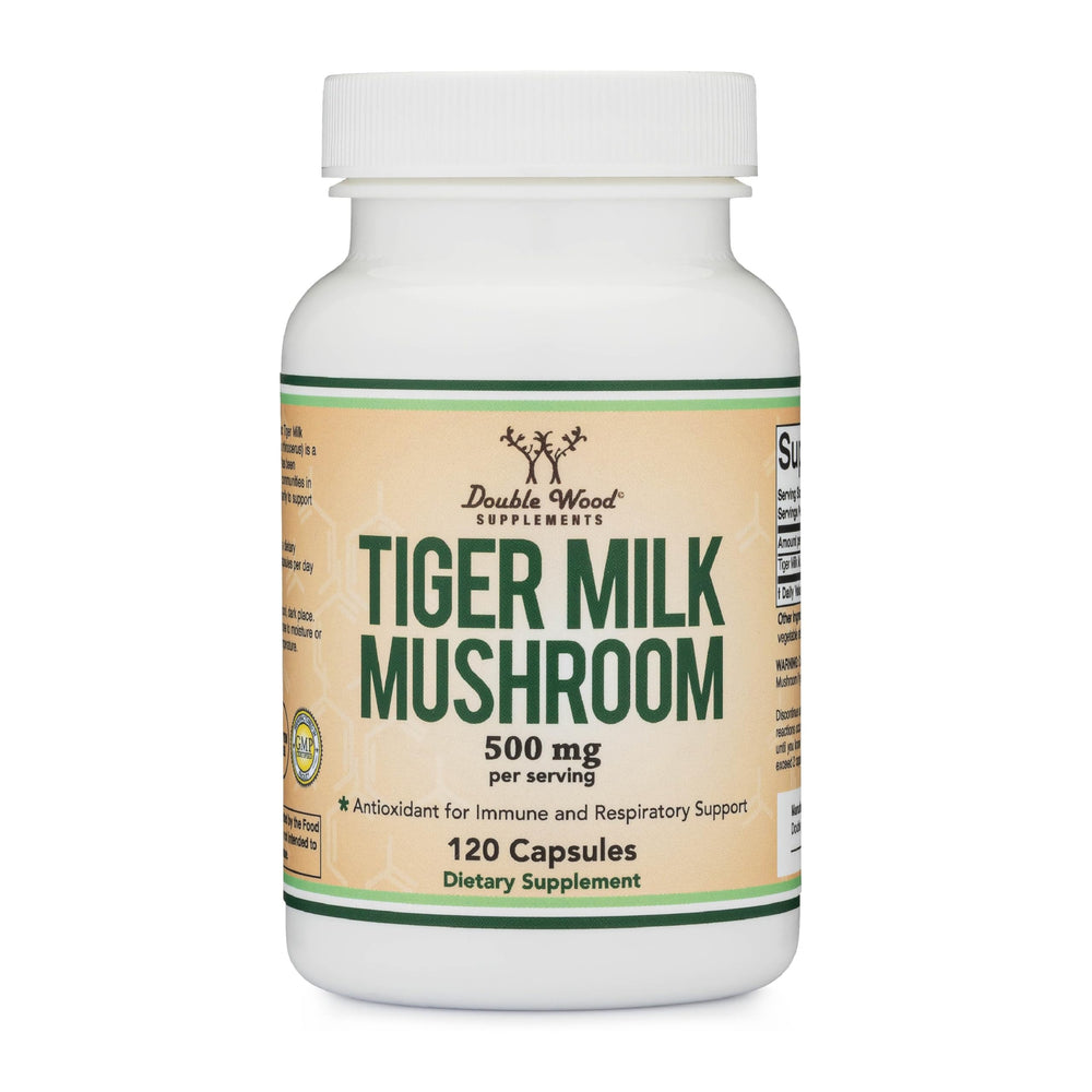 Front view of Double Wood Tigers Milk Mushroom bottle containing 120 capsules